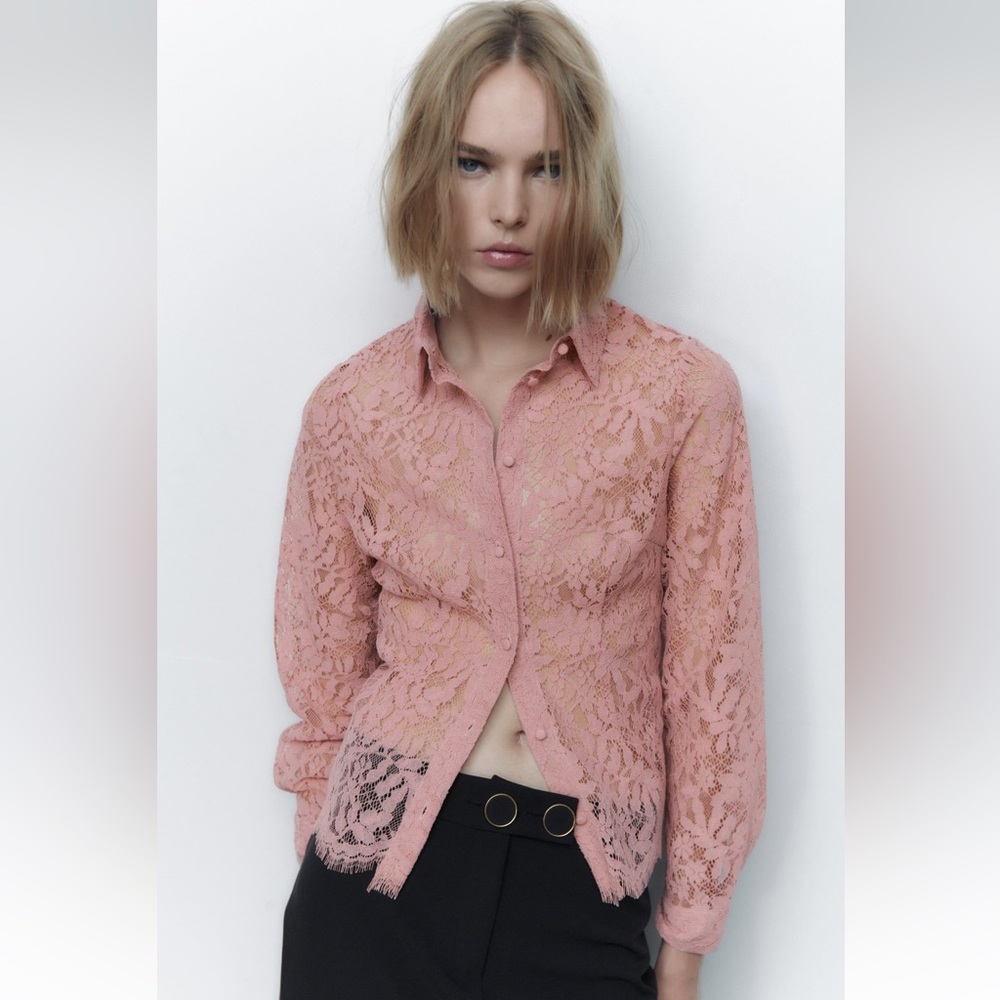 Zara Dusty Pink Lace Button-Down Blouse